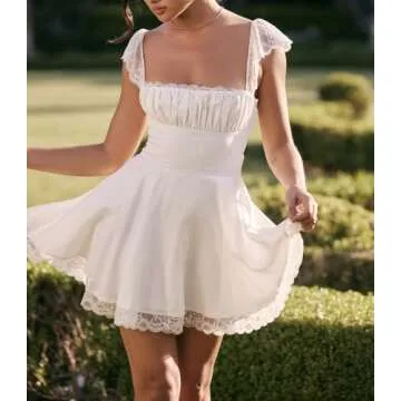 NUFIWI Women Ruffle Mini Dress Fairy Vintage Bodycon Square Neck Swing Short Dress Lace Trim Flare Party Y2k Dresses(J Flare White,S)