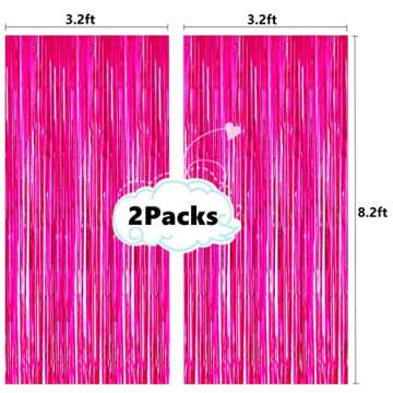 2 Pcs 3.2ft x 8.2ft Shiny Hot Pink Metallic Tinsel Foil Fringe Curtains Photo Booth Backdrop for Bir...