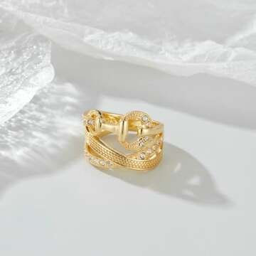 Mytys Criss Cross Gold Rings for Women Vintage Silver Statement Ring Black & Clear Crystal Belt Design Band Rings Christmas Gift (gold size 8)