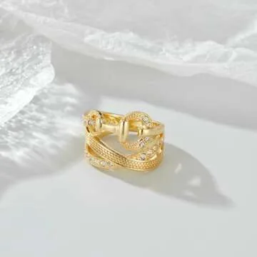 Mytys Criss Cross Gold Rings for Women Vintage Silver Statement Ring Black & Clear Crystal Belt Design Band Rings Christmas Gift (gold size 8)