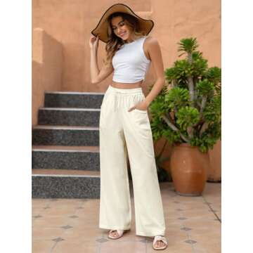 Fancysters Women Wide Leg Linen Pants, High Waisted Summer Casual Cotton Linen Palazzo Pants with Po...