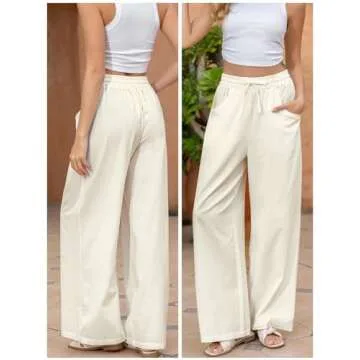 Fancysters Women Wide Leg Linen Pants, High Waisted Summer Casual Cotton Linen Palazzo Pants with Pockets Beige