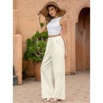 Fancysters Women Wide Leg Linen Pants, High Waisted Summer Casual Cotton Linen Palazzo Pants with Pockets Beige