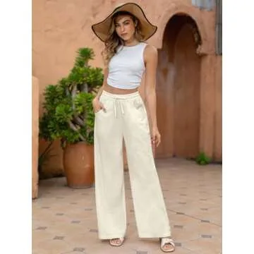 Fancysters Women Wide Leg Linen Pants, High Waisted Summer Casual Cotton Linen Palazzo Pants with Pockets Beige