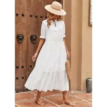 Chouyatou Women's Summer Boho V-Neck Midi Dress - White