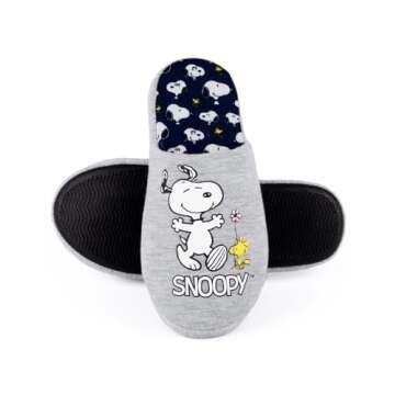 PEANUTS Snoopy Womens Slippers in Grey Marl | Ladies Snoopy & Woodstock Cartoon Footwear | Slip On H...