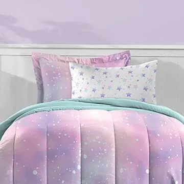dream FACTORY Kids 5-Piece Complete Bed Set Easy-Wash Super Soft Microfiber Comforter Bedding, Twin, Pink Twilight Galaxy Stars