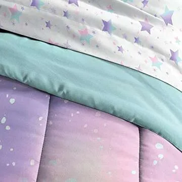 dream FACTORY Kids 5-Piece Complete Bed Set Easy-Wash Super Soft Microfiber Comforter Bedding, Twin, Pink Twilight Galaxy Stars
