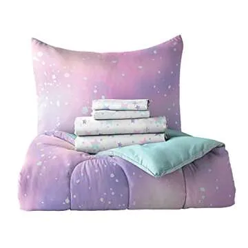 dream FACTORY Kids 5-Piece Complete Bed Set Easy-Wash Super Soft Microfiber Comforter Bedding, Twin, Pink Twilight Galaxy Stars