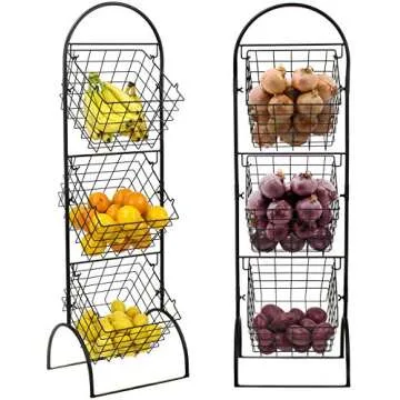 Sorbus 3-Tier Metal Wire Market Basket Storage Stand for Fruit, Vegetables, Snacks, Toiletries, Tiered Floor Standing Fruit Basket for Kitchen, Bathroom Organization (Adjustable 3 Tiers) Fruit Stand