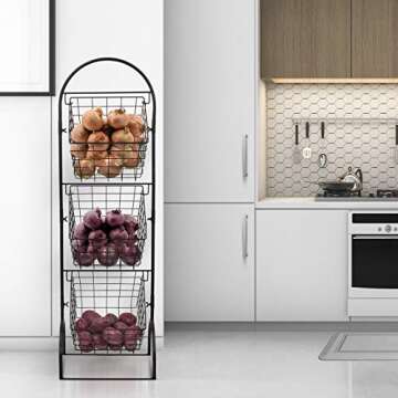 Sorbus 3-Tier Metal Wire Market Basket Storage Stand for Fruit, Vegetables, Snacks, Toiletries, Tiered Floor Standing Fruit Basket for Kitchen, Bathroom Organization (Adjustable 3 Tiers) Fruit Stand