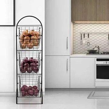 Sorbus 3-Tier Metal Wire Market Basket Storage Stand for Fruit, Vegetables, Snacks, Toiletries, Tiered Floor Standing Fruit Basket for Kitchen, Bathroom Organization (Adjustable 3 Tiers) Fruit Stand