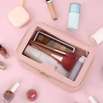 Fixwal Makeup Bag, Large Clear Waterproof Cosmetic Bag, Portable and Transparent Travel Case for Women, Pink