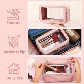 Fixwal Makeup Bag, Large Clear Waterproof Cosmetic Bag, Portable and Transparent Travel Case for Women, Pink