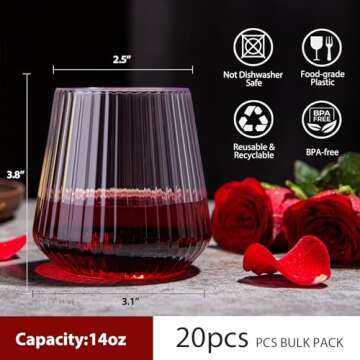 20 Pack 14oz Stemless Plastic Wine Glasses Heavy Duty Disposable Wine Glasses Unbreakable Clear Plastic Cocktail Glasses Recyclable Shatterproof Reusable Plastic Wine Cups for Parties Wedding