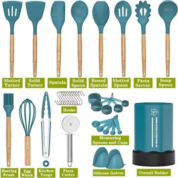 Kitchen Utensil Set Silicone Cooking Utensils -Fungun 35 pcs Kitchen Utensils Tools Wooden Handle Spoons Spatulas Set Cookware Turner Tongs Whisk Kitchen Gadgets with Holder
