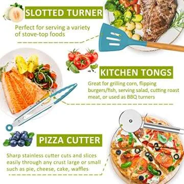 Kitchen Utensil Set Silicone Cooking Utensils -Fungun 35 pcs Kitchen Utensils Tools Wooden Handle Spoons Spatulas Set Cookware Turner Tongs Whisk Kitchen Gadgets with Holder