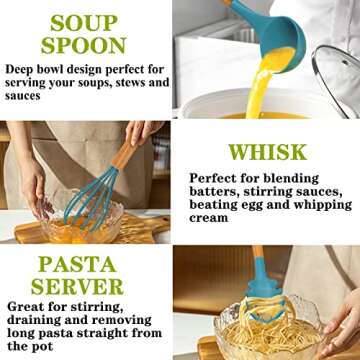 Kitchen Utensil Set Silicone Cooking Utensils -Fungun 35 pcs Kitchen Utensils Tools Wooden Handle Spoons Spatulas Set Cookware Turner Tongs Whisk Kitchen Gadgets with Holder