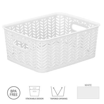 Simplify Small Herringbone Bin Storage Tote Basket Organizer Decorative, Good for Closets, Countertops, Desks, Dressers, Accessories, Cleaning Products, Sports Equipment, Toys, White