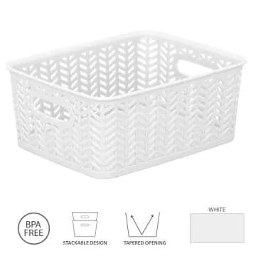 Simplify Small Herringbone Bin Storage Tote Basket Organizer Decorative, Good for Closets, Countertops, Desks, Dressers, Accessories, Cleaning Products, Sports Equipment, Toys, White