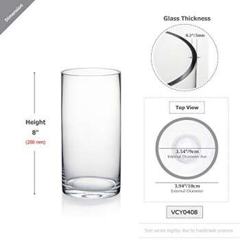 WGVI Quality Thick Weighted Clear Cylinder Glass Vases, 4" W x 8" H, Flower Arrangement Floating Candle Holders Wedding Centerpieces Terrarium Planter Floral Pen Brush Storage Container, 1 Piece