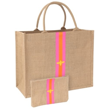 Large Beach Bag Jute Woven Pink and Orange. Pool and beach bags for women, use as a travel tote bag ...