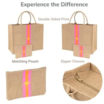 Large Beach Bag Jute Woven Pink and Orange. Pool and beach bags for women, use as a travel tote bag for the beach that packs flat.