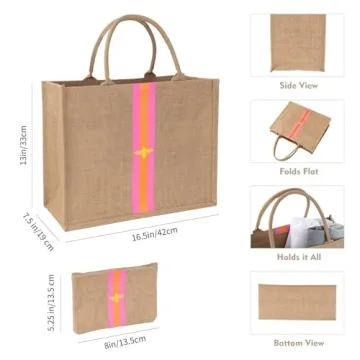 Large Beach Bag Jute Woven Pink and Orange. Pool and beach bags for women, use as a travel tote bag for the beach that packs flat.