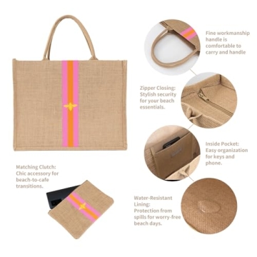 Large Beach Bag Jute Woven Pink and Orange. Pool and beach bags for women, use as a travel tote bag for the beach that packs flat.