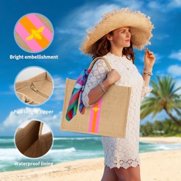 Large Beach Bag Jute Woven Pink and Orange. Pool and beach bags for women, use as a travel tote bag for the beach that packs flat.