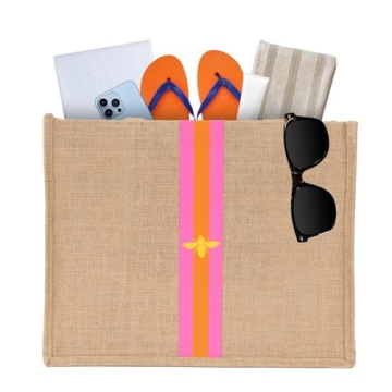 Large Beach Bag Jute Woven Pink and Orange. Pool and beach bags for women, use as a travel tote bag for the beach that packs flat.