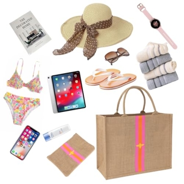 Large Beach Bag Jute Woven Pink and Orange. Pool and beach bags for women, use as a travel tote bag for the beach that packs flat.