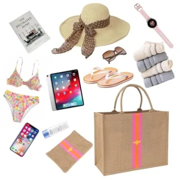 Large Beach Bag Jute Woven Pink and Orange. Pool and beach bags for women, use as a travel tote bag for the beach that packs flat.