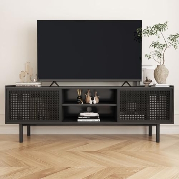 ORRD TV Stand for TVs Up to 70 Inch, Accent Iron Rattan Storage Cabinet Television Stands Entertainm...