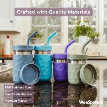 WeeSprout Stainless Steel Cups for Kids with Straws