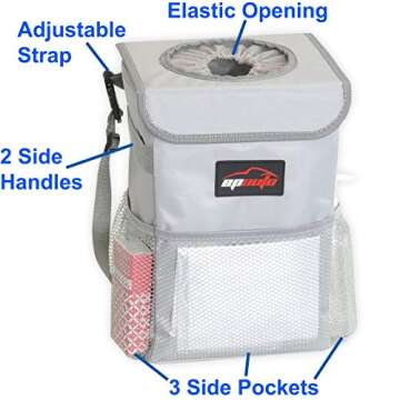 EPAuto Waterproof Car Trash Can with Lid and Storage Pockets, Grey
