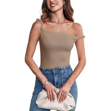 Tankaneo Womens Off The Shoulder Top Sleeveless Slim Fit Stretchy Tank Top Y2k Casual T Shirts Khaki