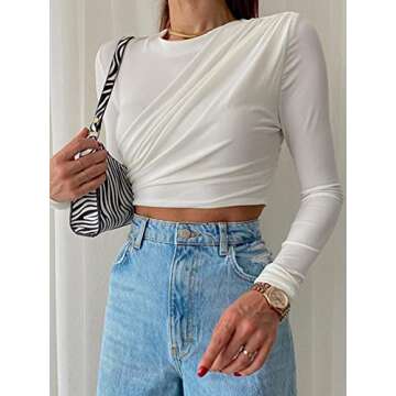 Hilinker Women's Ruched Long Sleeve Shirt Crew Neck Skinny Solid Crop Top T Shirt White Small