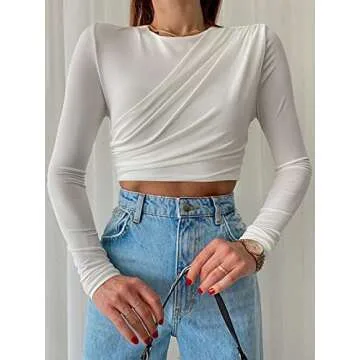 Hilinker Women's Ruched Long Sleeve Shirt Crew Neck Skinny Solid Crop Top T Shirt White Small