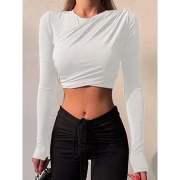 Hilinker Women's Ruched Long Sleeve Shirt Crew Neck Skinny Solid Crop Top T Shirt White Small