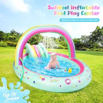 SULIFEEL Rainbow Unicorn Inflatable Play Center Kiddie Pool with Slide and Sprinkler for Children, 8...