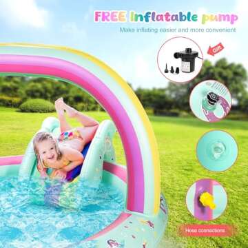 SULIFEEL Rainbow Unicorn Inflatable Play Center Kiddie Pool with Slide and Sprinkler for Children, 8ft x 5ft x 9.5in Baby Pool for Backyard and Garden, Free Inflatable Pump (Rainbow)