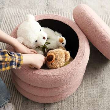 Flouki 20.1'' Storage Ottoman Round, Sherpa Pouf Ottoman Foot Rest with Removable Lid, Modern Pink V...