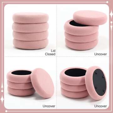 Flouki 20.1'' Storage Ottoman Round, Sherpa Pouf Ottoman Foot Rest with Removable Lid, Modern Pink Vanity Stool Seating for Girls Women, Foot Stool for Living Room