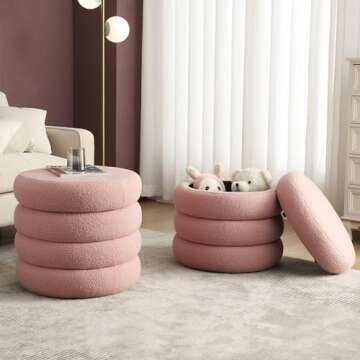 Flouki 20.1'' Storage Ottoman Round, Sherpa Pouf Ottoman Foot Rest with Removable Lid, Modern Pink Vanity Stool Seating for Girls Women, Foot Stool for Living Room