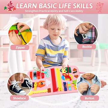 8 in 1 Toddler Busy Board for 1 Years Old, Montessori Toy Busy Book for Toddlers 1-3 Educational Learning Toy Activity for Basic Motor Skills, Kid Travel Essential 2-4 Yr Birthday Gift for Girl(Pink)