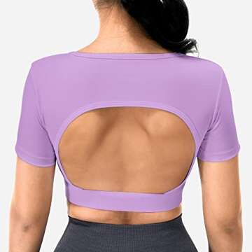 YEOREO Vanessa Women Tee Crop Tops with Removable Pad Workout Backless Gym Shirt Bra Going Out T Shirt Top Light Purple