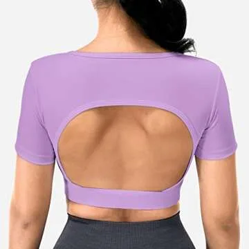 YEOREO Vanessa Women Tee Crop Tops with Removable Pad Workout Backless Gym Shirt Bra Going Out T Shirt Top Light Purple