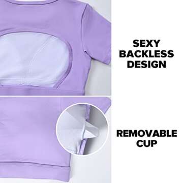 YEOREO Vanessa Women Tee Crop Tops with Removable Pad Workout Backless Gym Shirt Bra Going Out T Shirt Top Light Purple