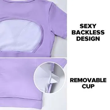 YEOREO Vanessa Women Tee Crop Tops with Removable Pad Workout Backless Gym Shirt Bra Going Out T Shirt Top Light Purple